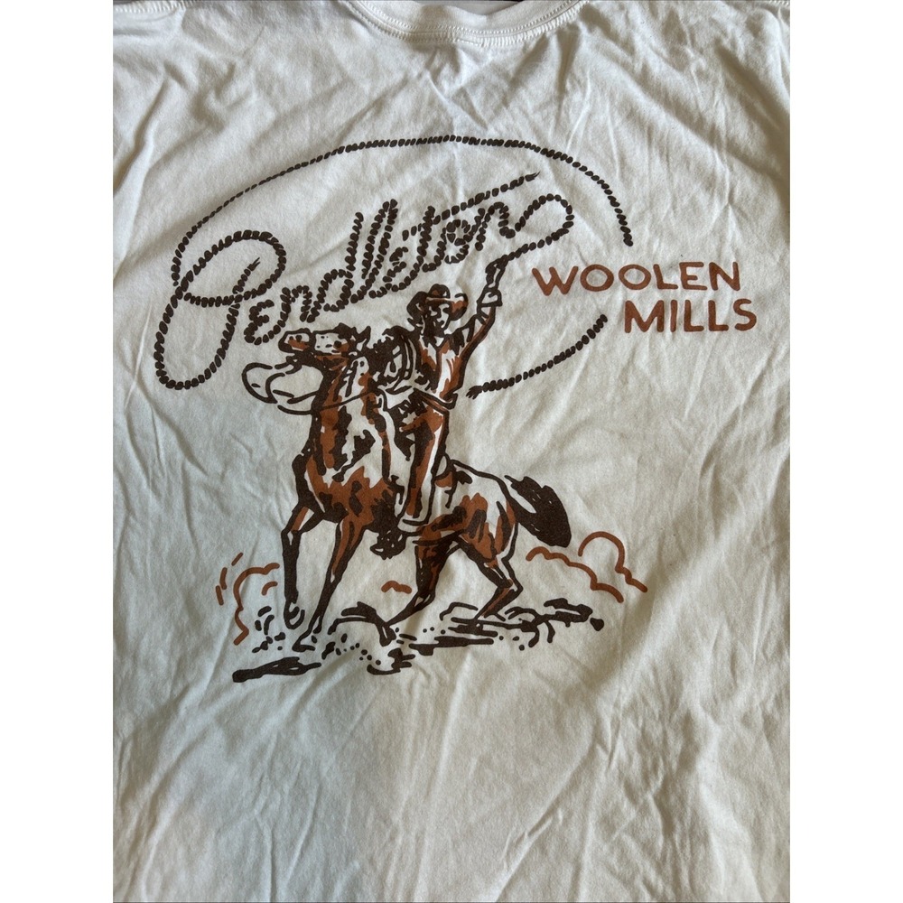 Pendleton Mens XXL Graphic T-Shirt Cream Western Cowboy Woolen Mills Logo Tee